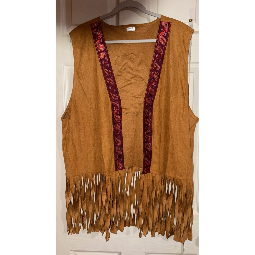 Spirit Halloween Hippie Vest Tan Faux Suede Fringe Peace Sign Paisley L/XL